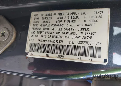 2007 Honda Accord 2.4 Lx z USA, uszkodzony, nr VIN 1HGCM55497A090376